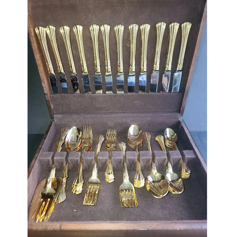 66 PC Supreme Cutlery by Towle Gold Aristocat‎ Electroplated Flatware Set Korea